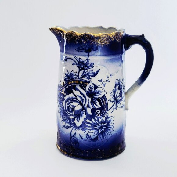 Antique Flow Blue Floral Water Pitcher Embossed Gold Accents Victorian Decor